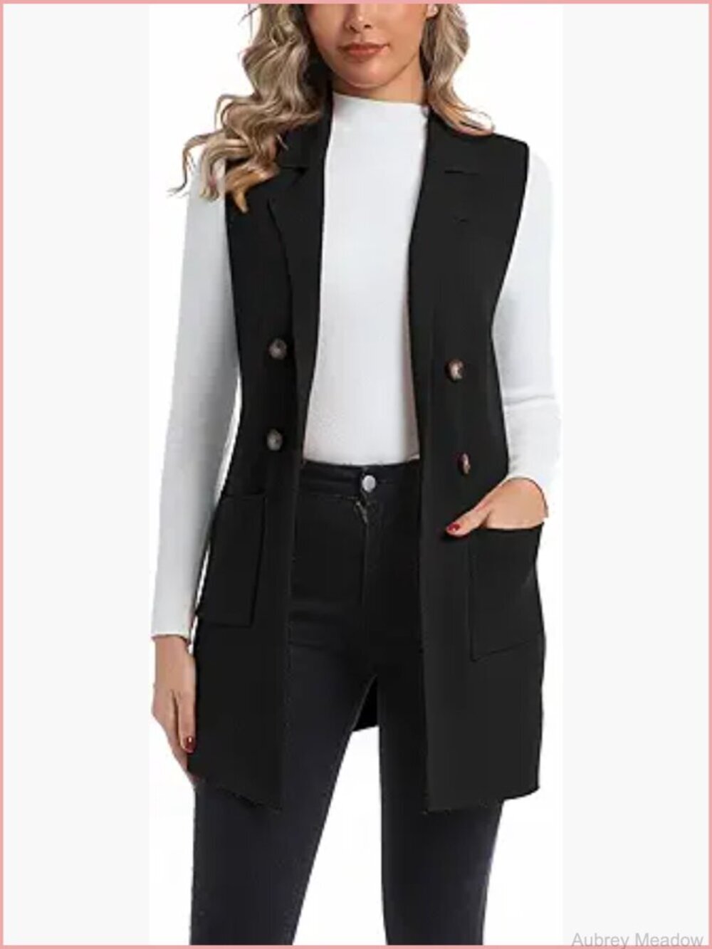 Long Sleeveless Notch Lapel Double Breasted Cardigan Vest